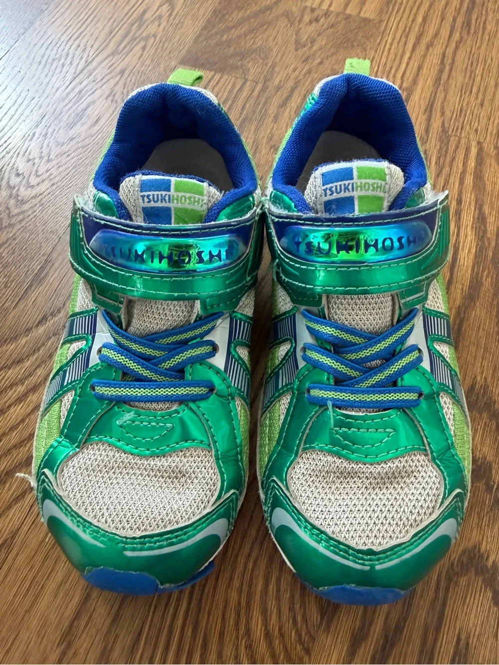 Tsukihoshi Storm Sneakers in blue and green, toddler size 10.5